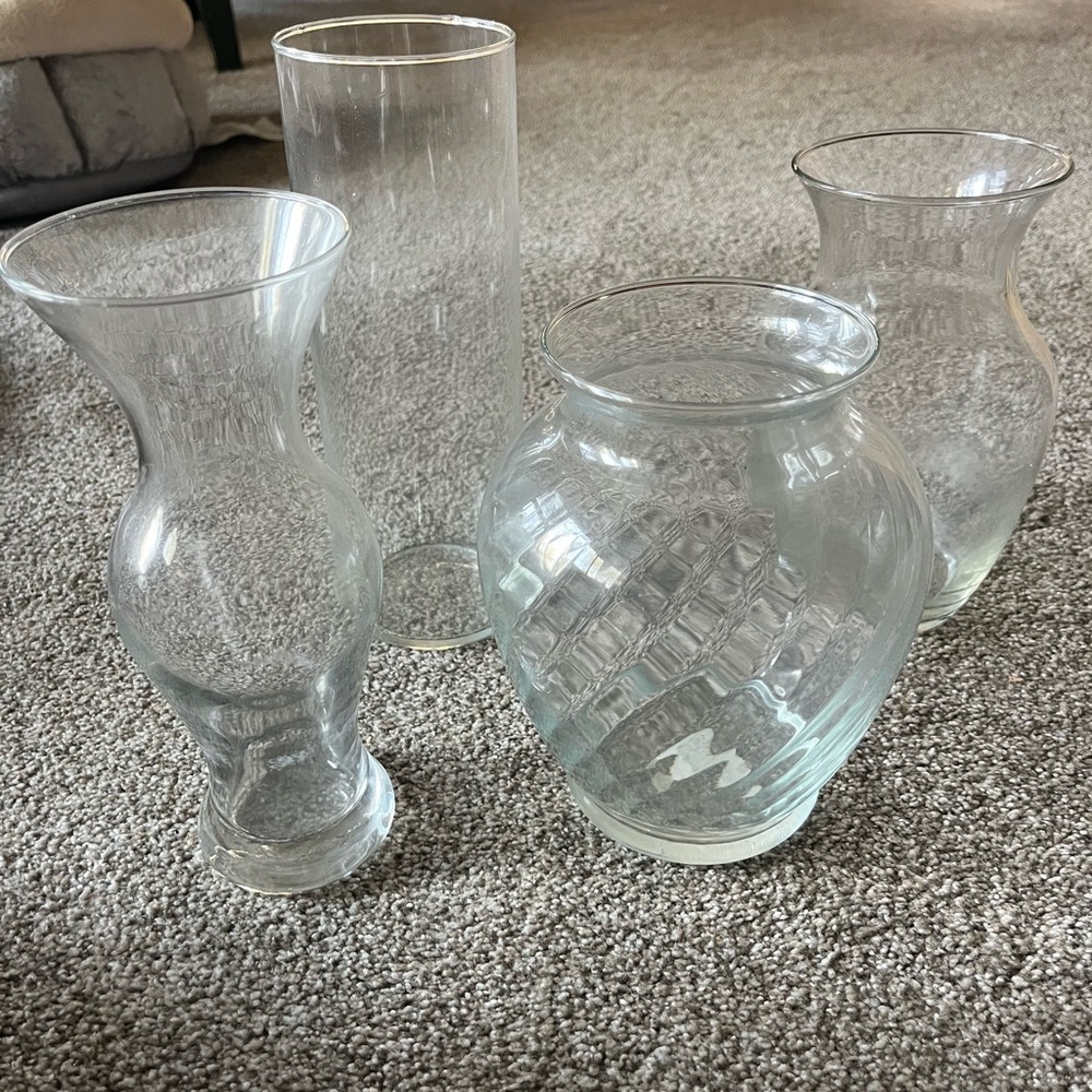 Elegant Clear Glass Vases set of 4 -  7 1/2” to 10” tall. Perfect for Weddings +